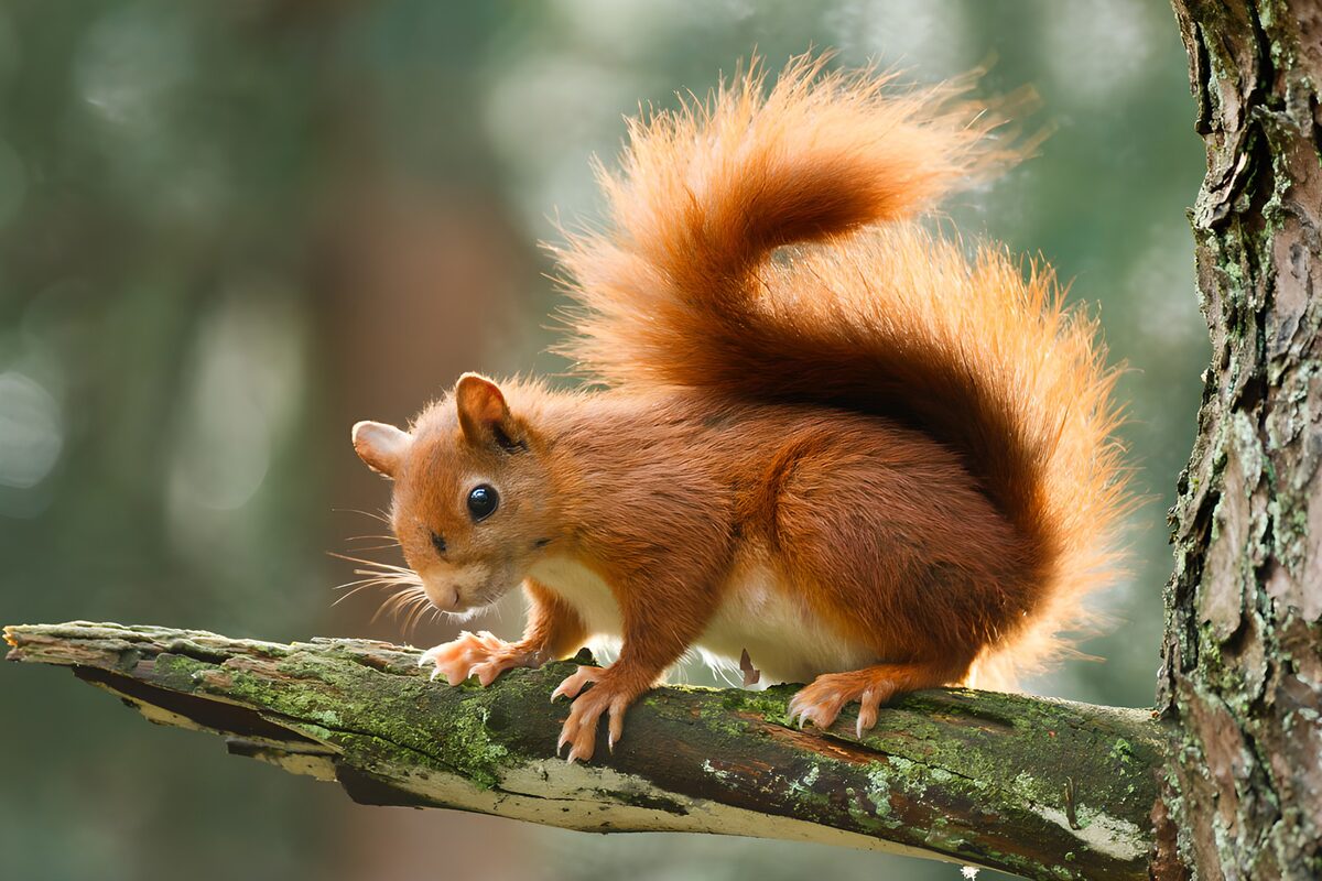 Red squirrel poised on a mossy branch