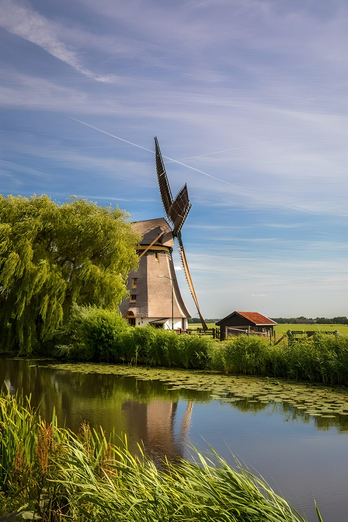 Windmill beside still water
