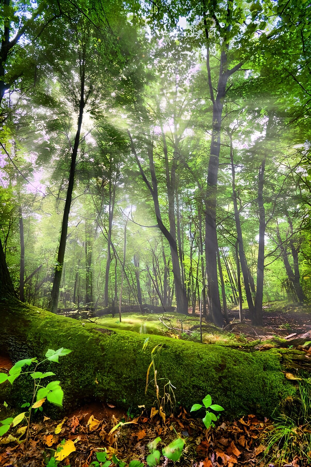Sunlit woodland with a moss-covered log