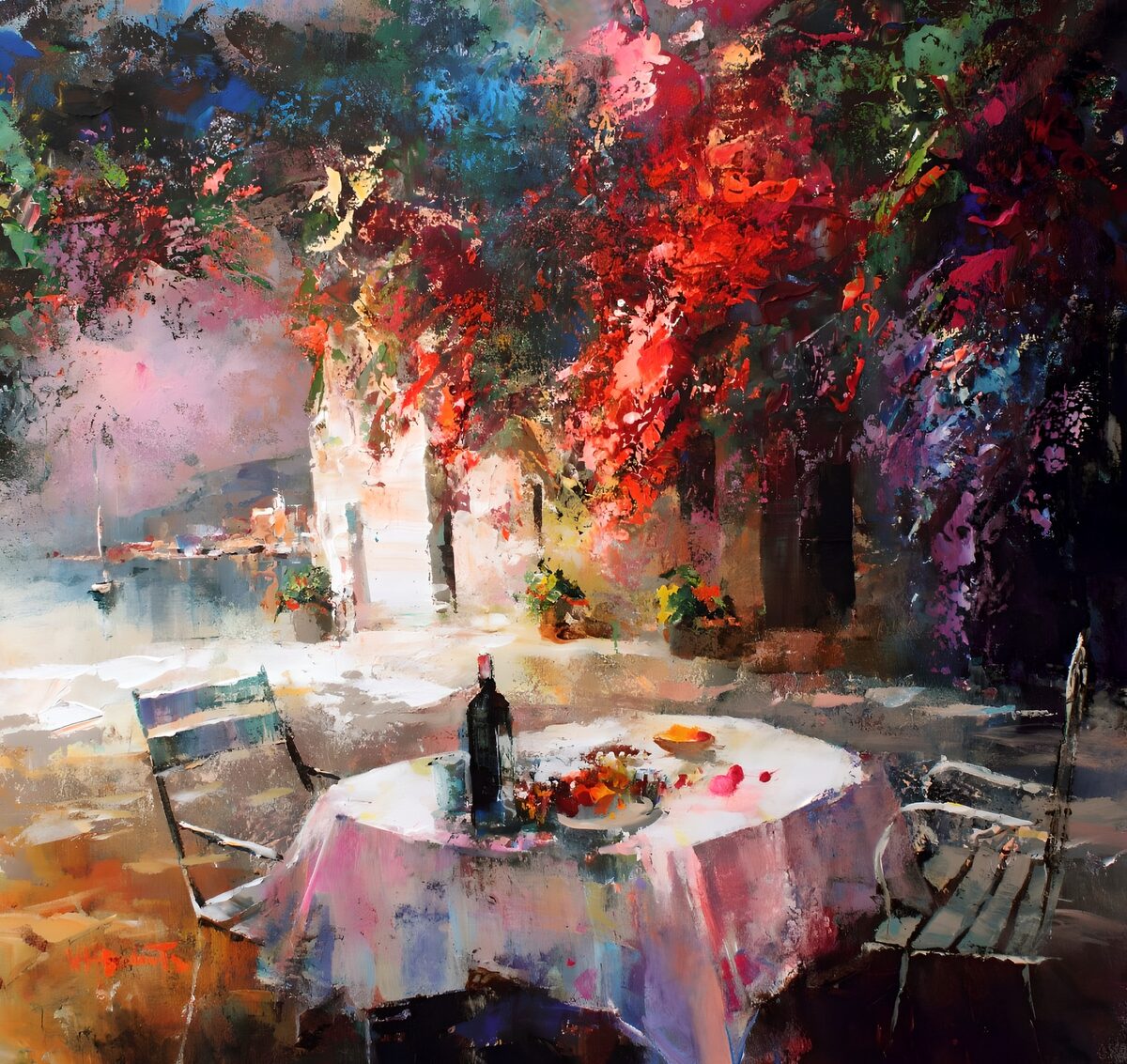 Colourful courtyard table for two