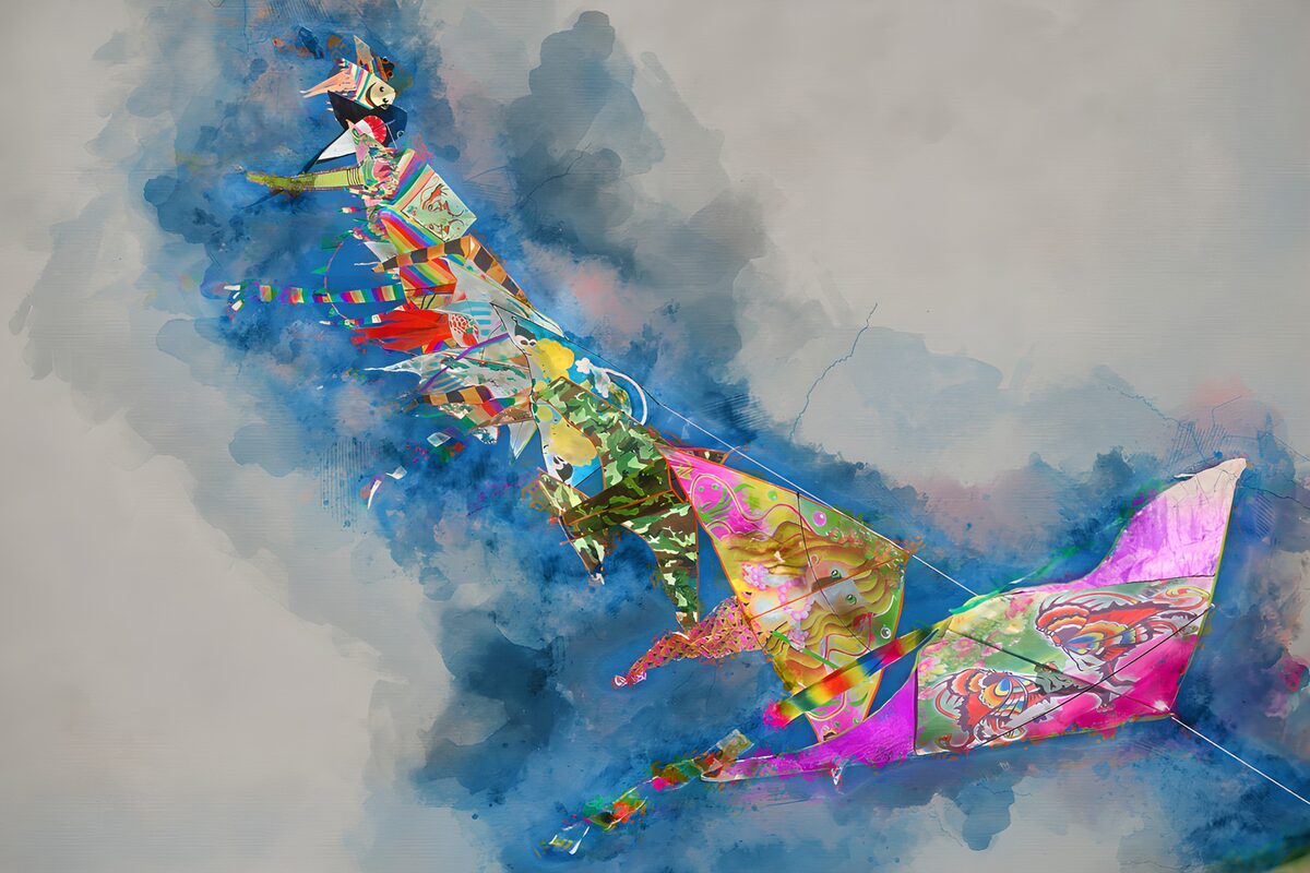 Colourful kites in a watercolour breeze
