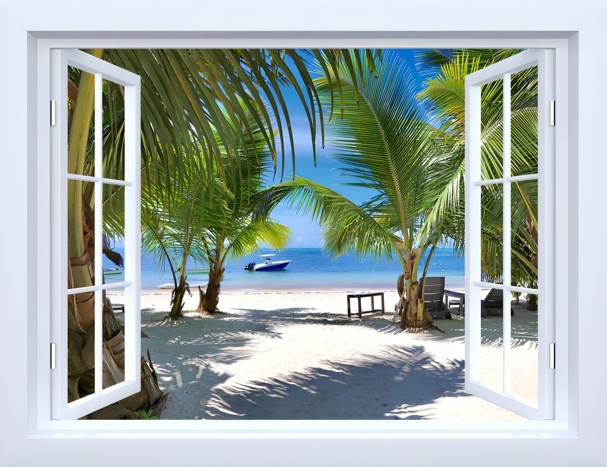 A window to palms and endless blue