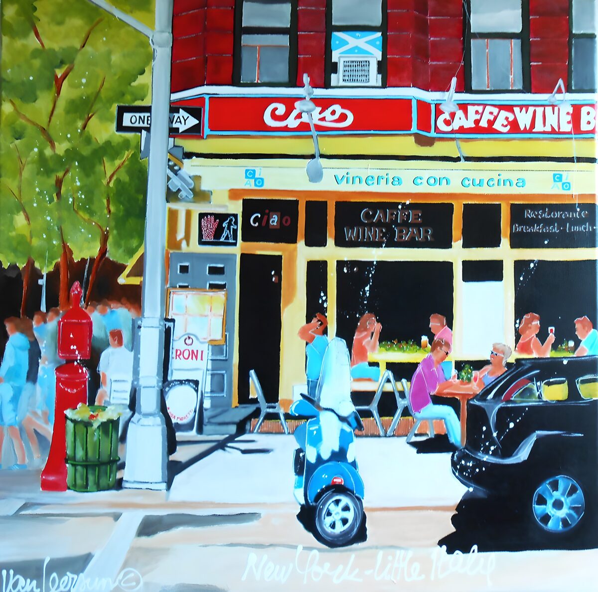 Sunny street corner with café tables