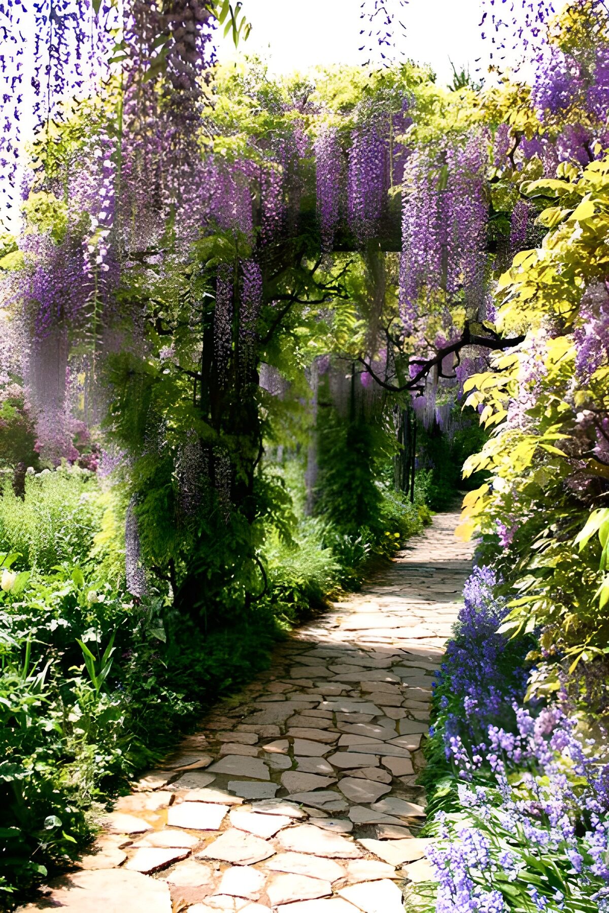 Shaded stone path beneath purple wisteria