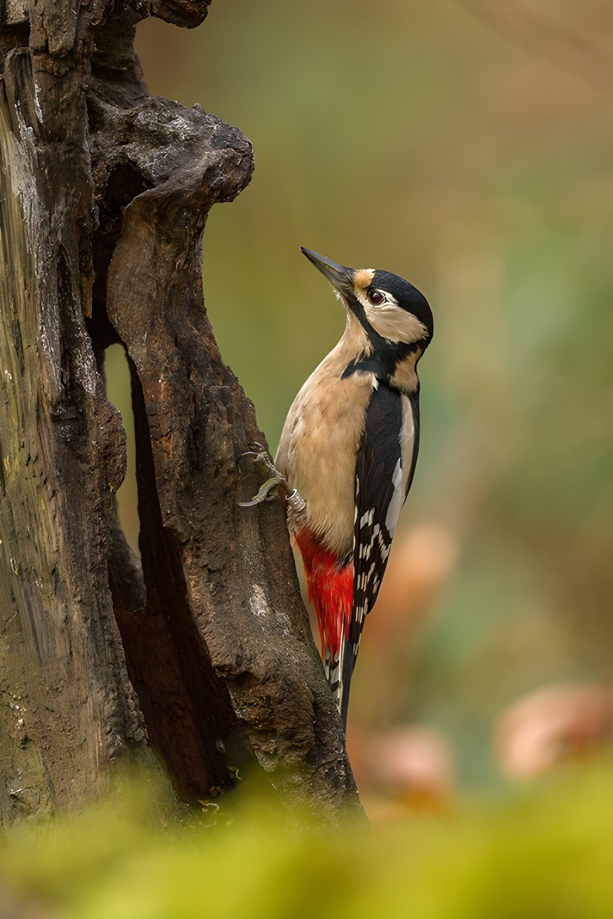 Great spotted woodpecker on weathered bark