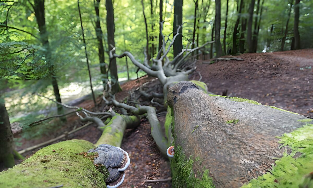 Mossy logs and bracket fungi