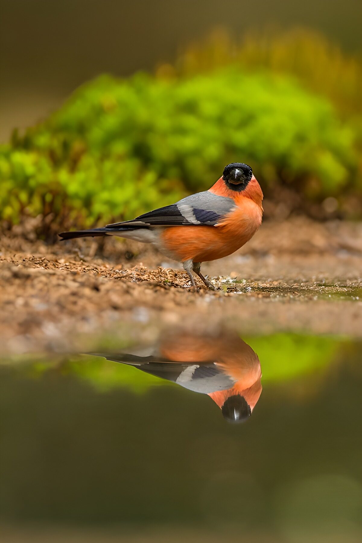 Bullfinch and reflection in still water