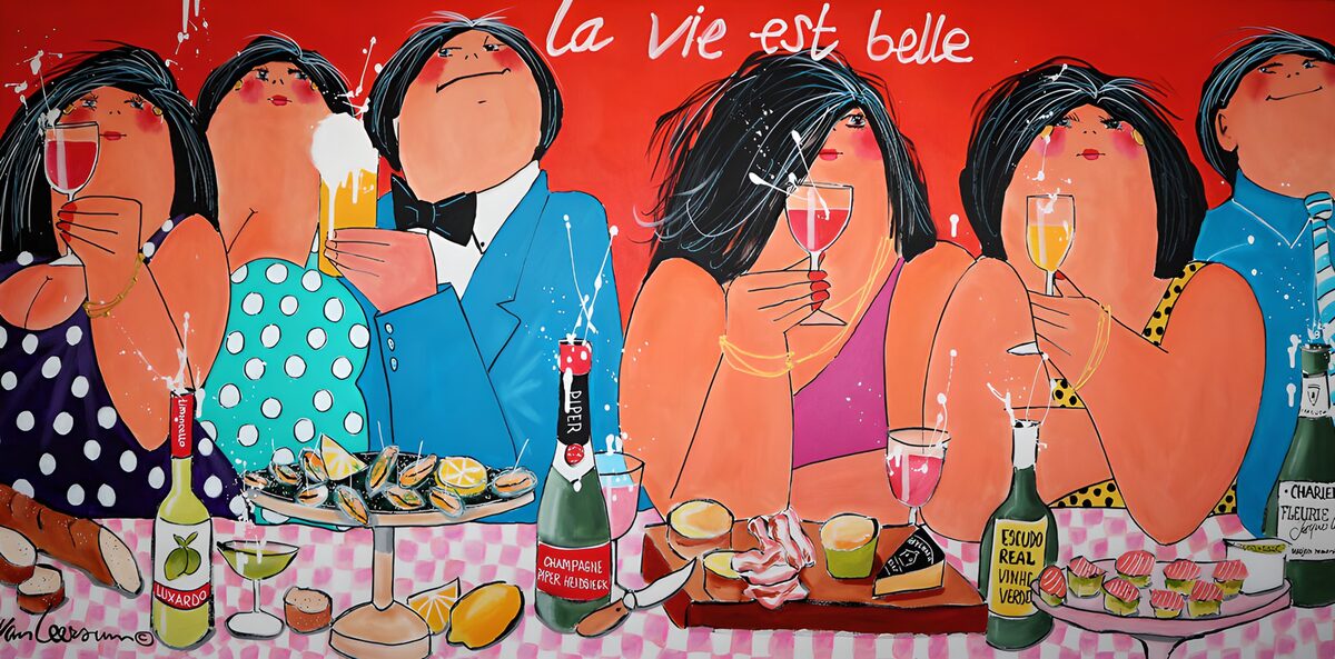 Six sharing wine at a pink checked table