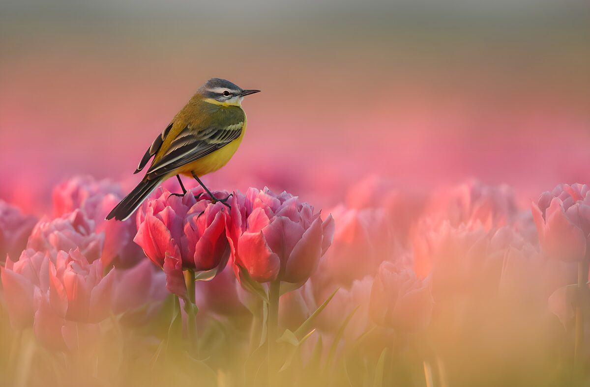 Yellow wagtail on a softly lit pink tulip