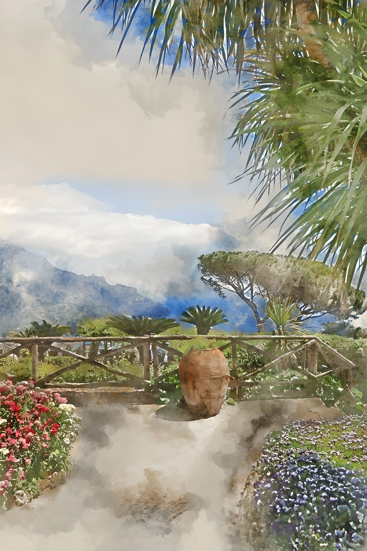 Sunlit garden terrace with mountain views