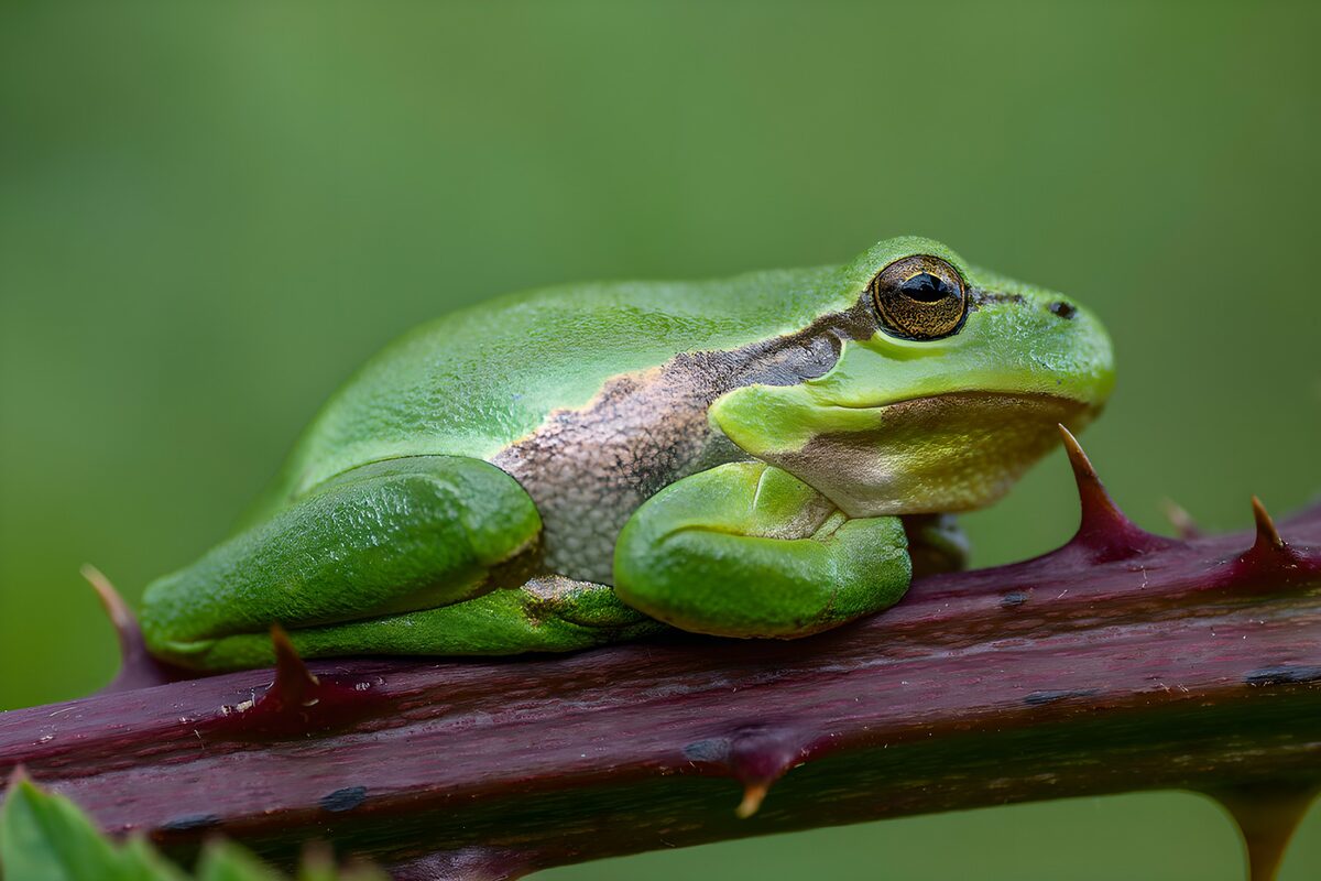 Green tree frog at rest on a thorny stem