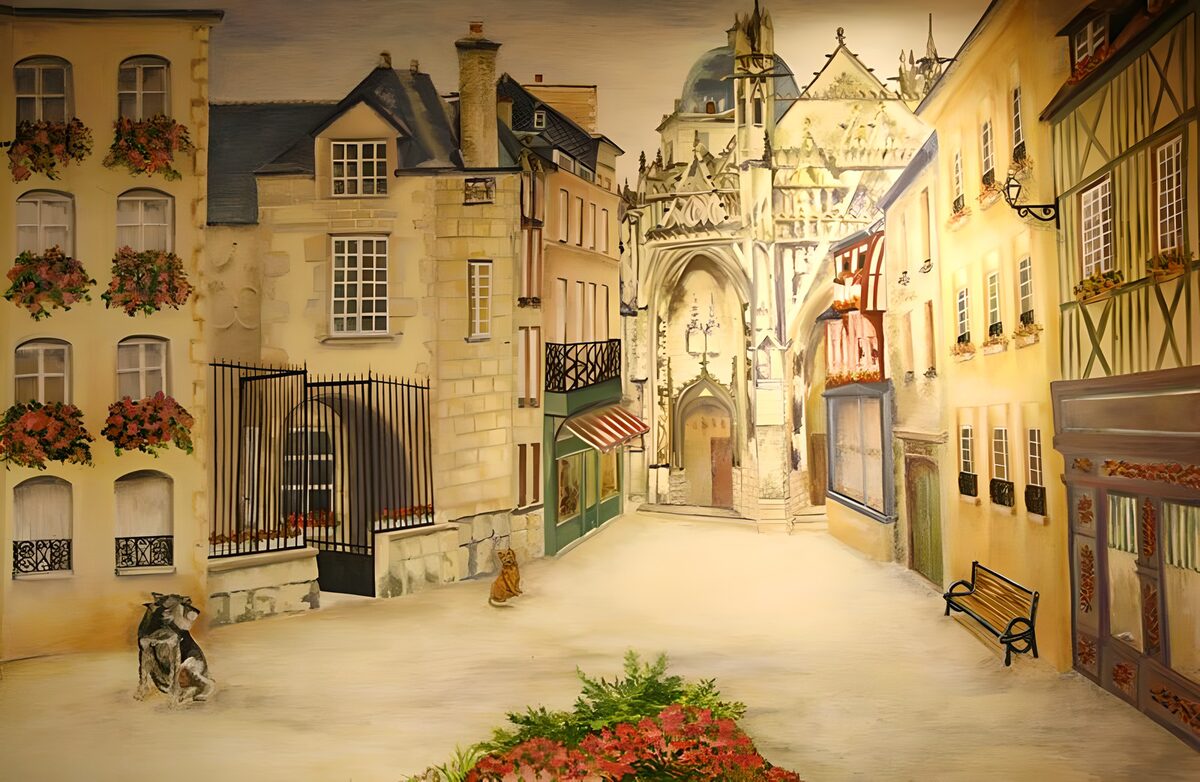 Quiet old-town street with a church