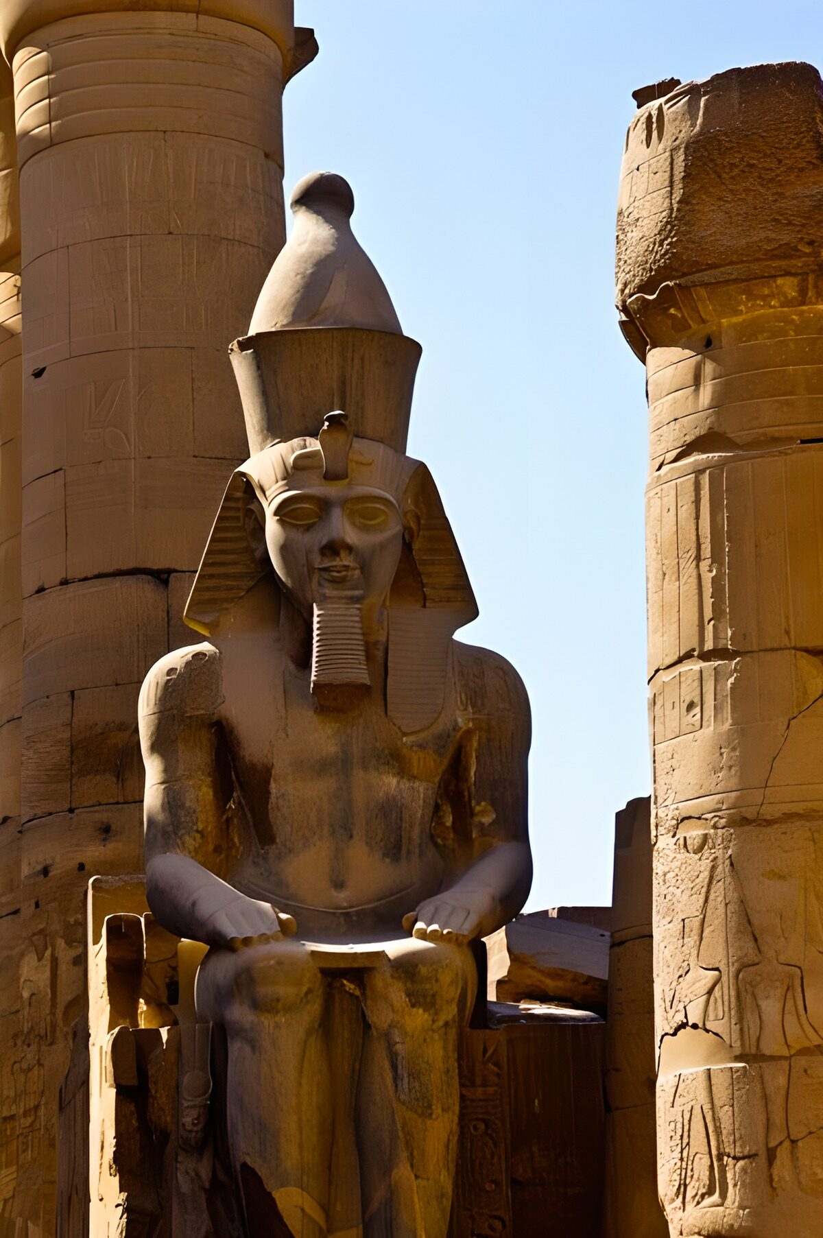Seated pharaoh between shadowed columns