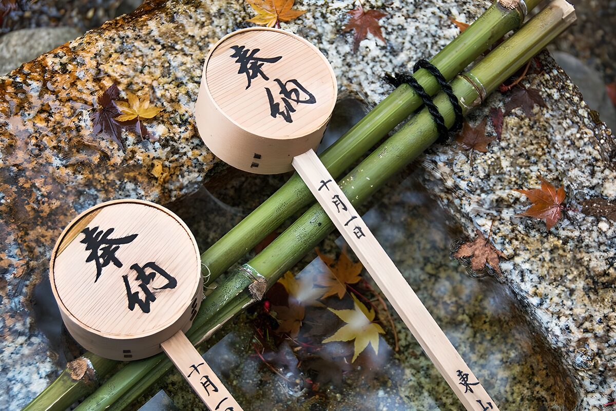 Wooden ladles on bamboo in autumn