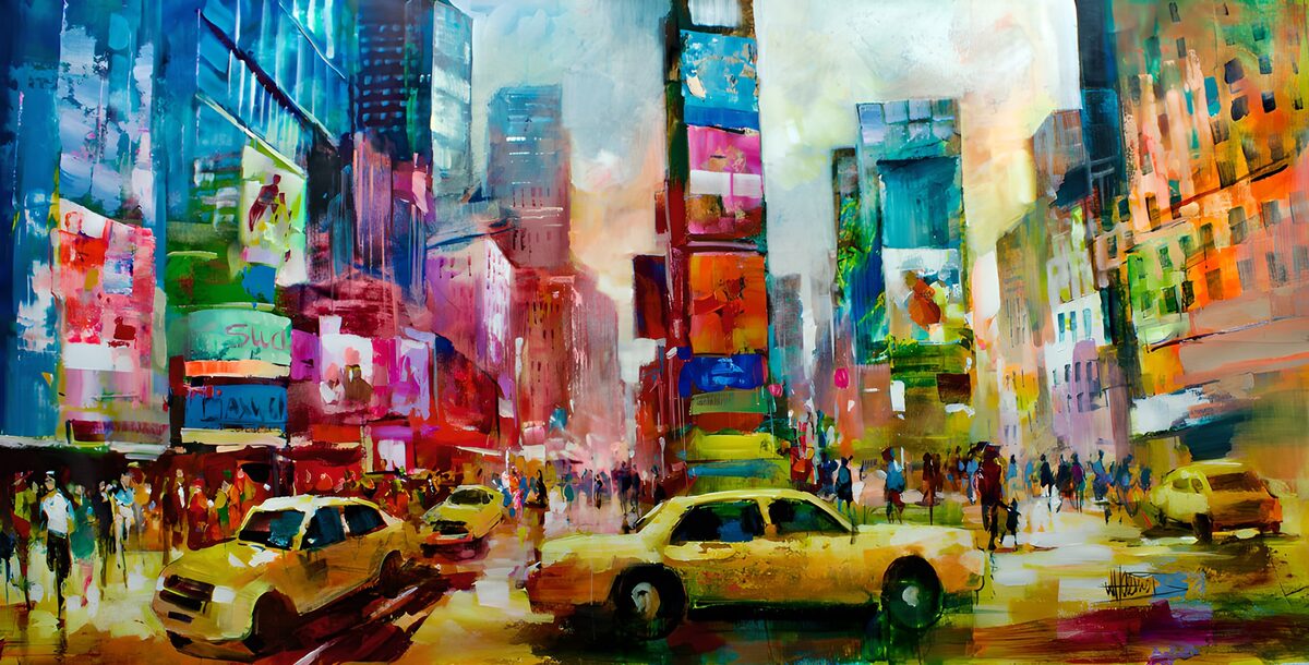 Yellow taxis on a colourful city street