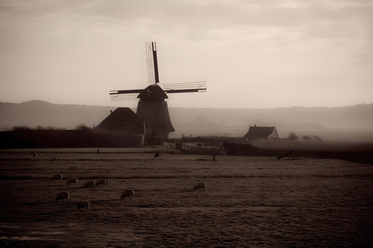 Windmill and sheep on a misty morning