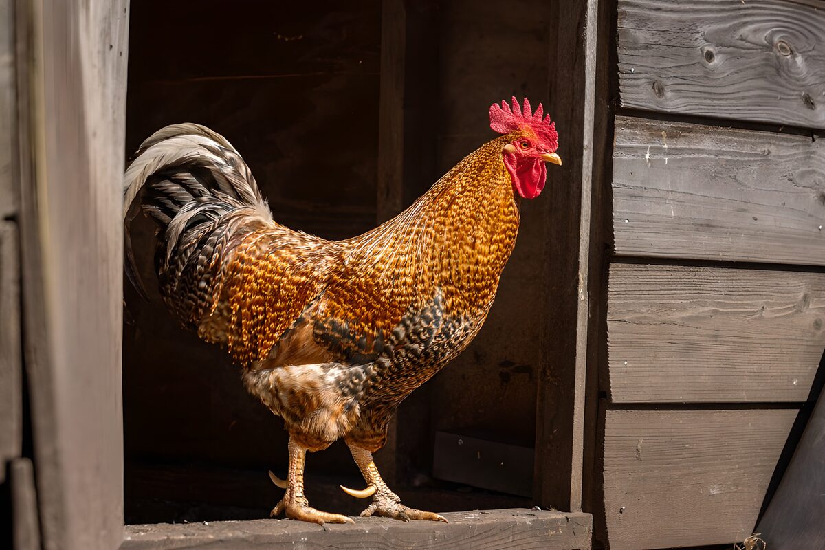 Sunlit cockerel on a wooden threshold