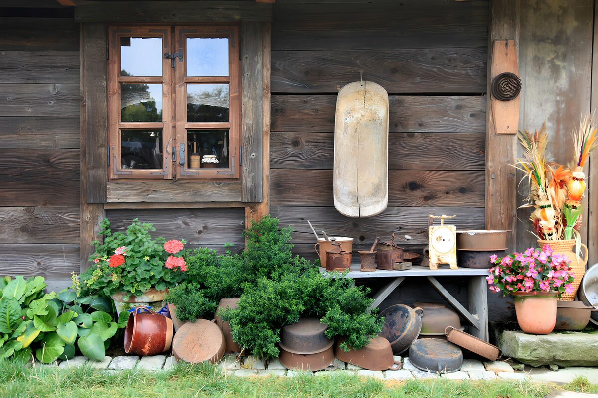 Rustic pots and flowers by a wooden wall