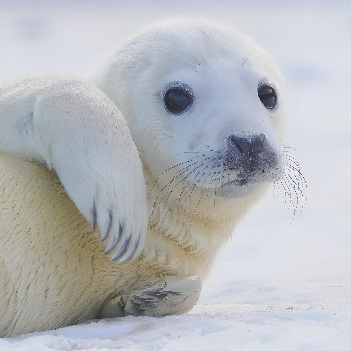 White seal pup resting in soft snow