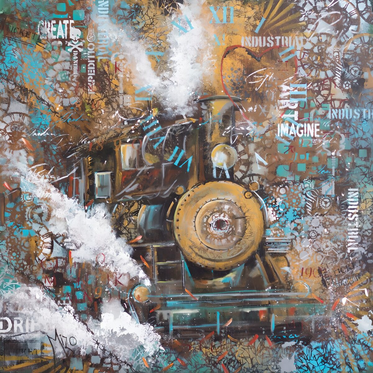 Steam locomotive in turquoise and ochre