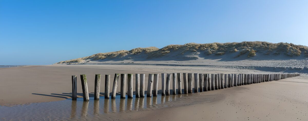 Wooden breakwater on a sunlit beach