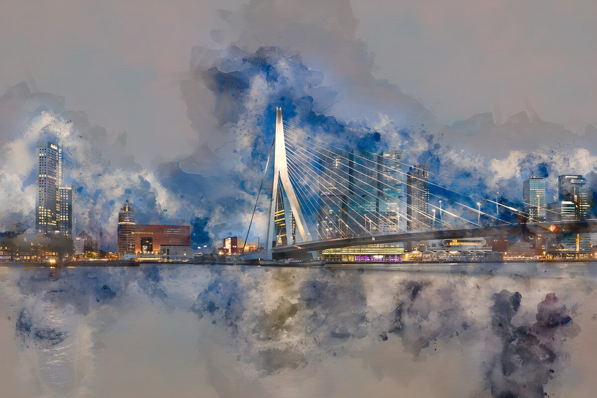 Erasmus Bridge and skyline at night