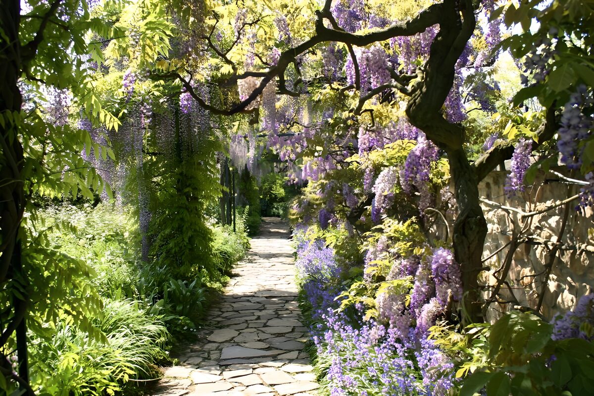 Wisteria over a shaded stone path