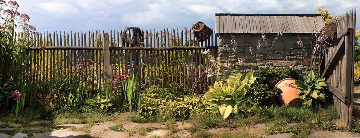 Sunlit garden by a weathered picket fence