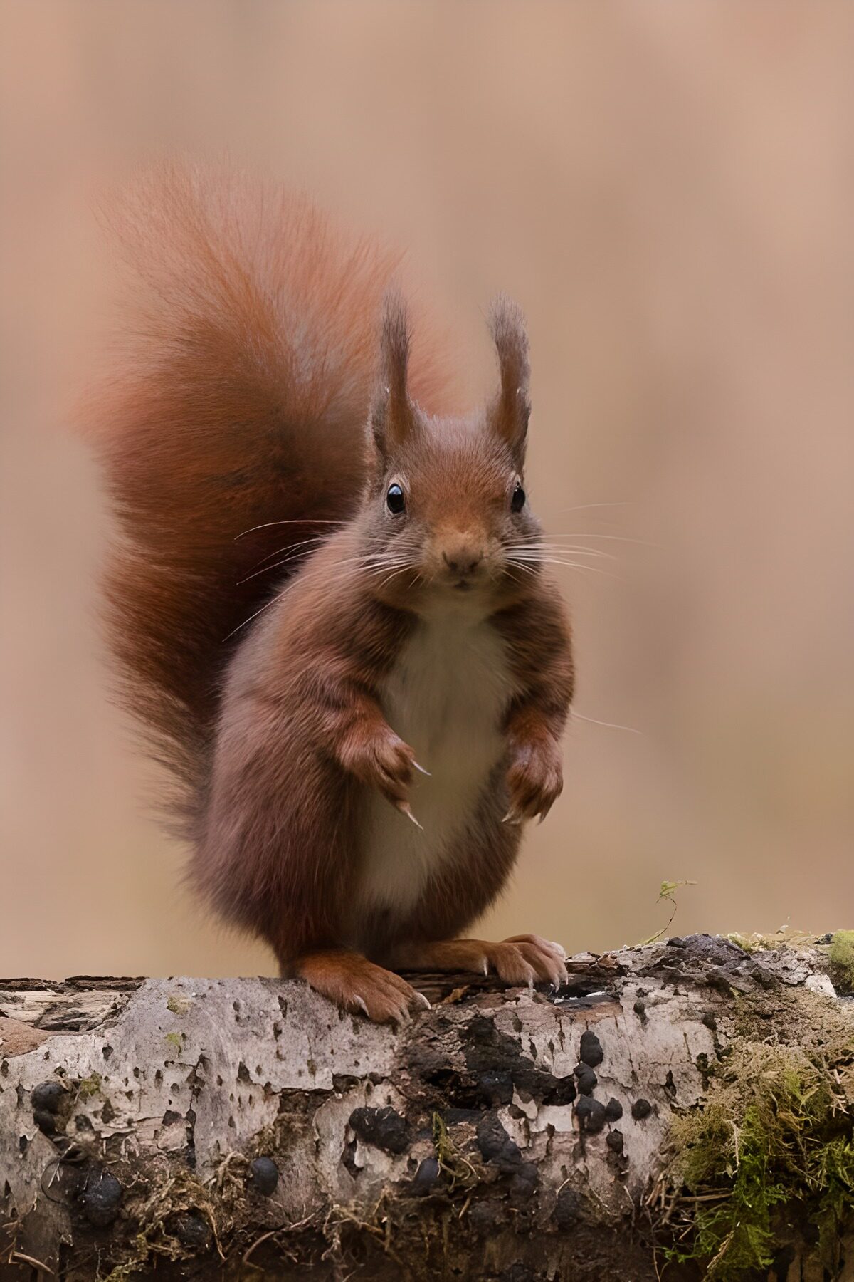 Alert red squirrel on a mossy log