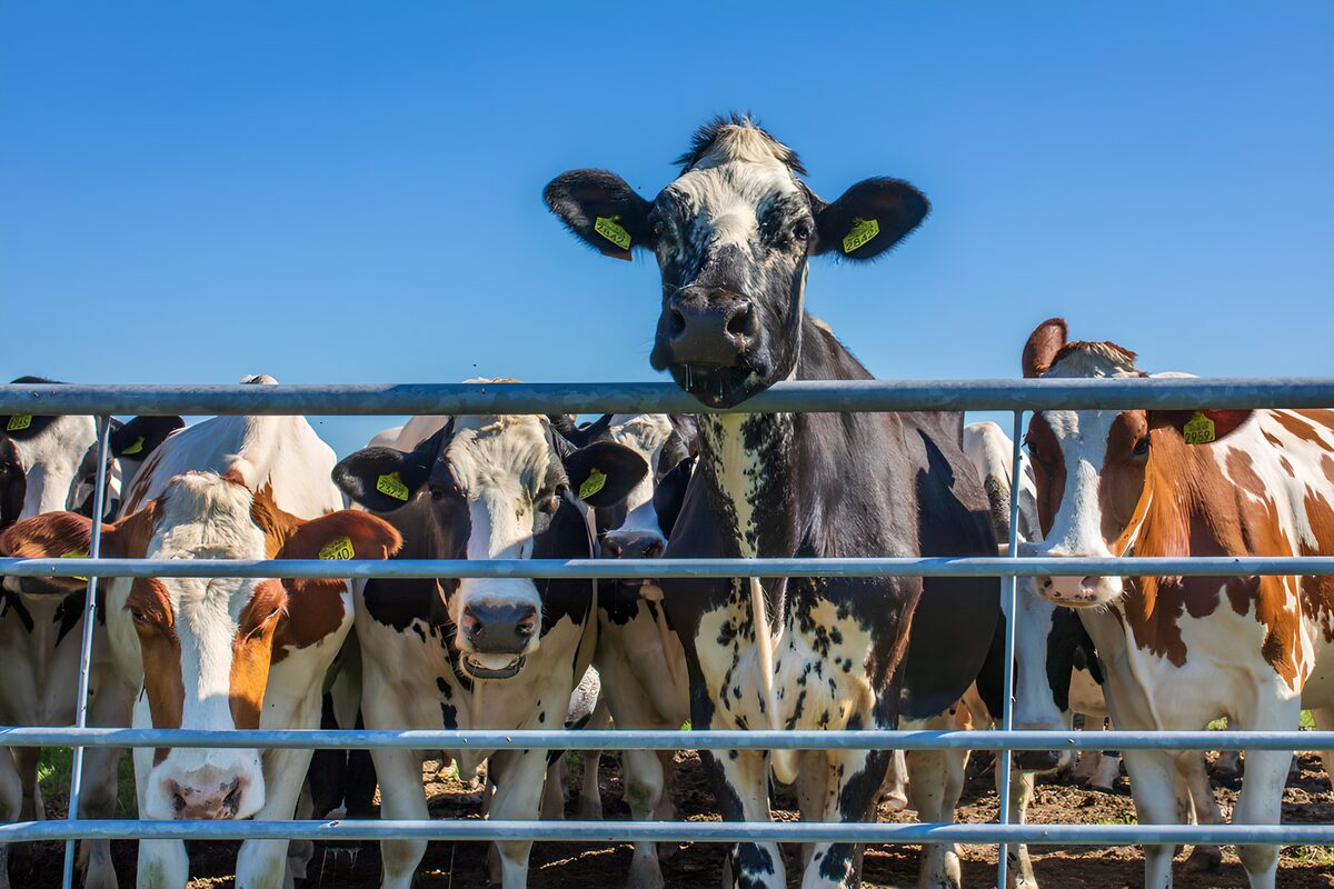 Cattle at the gate in bright sunshine