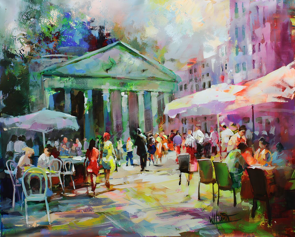 Colourful café terraces in the summer sun