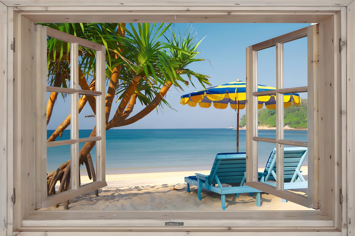A white window framing a turquoise day