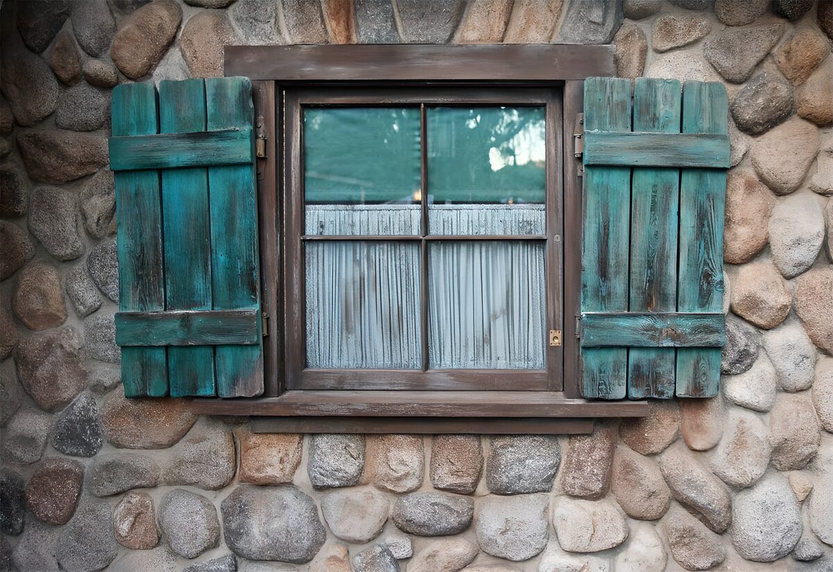 Rustic window with weathered blue shutters