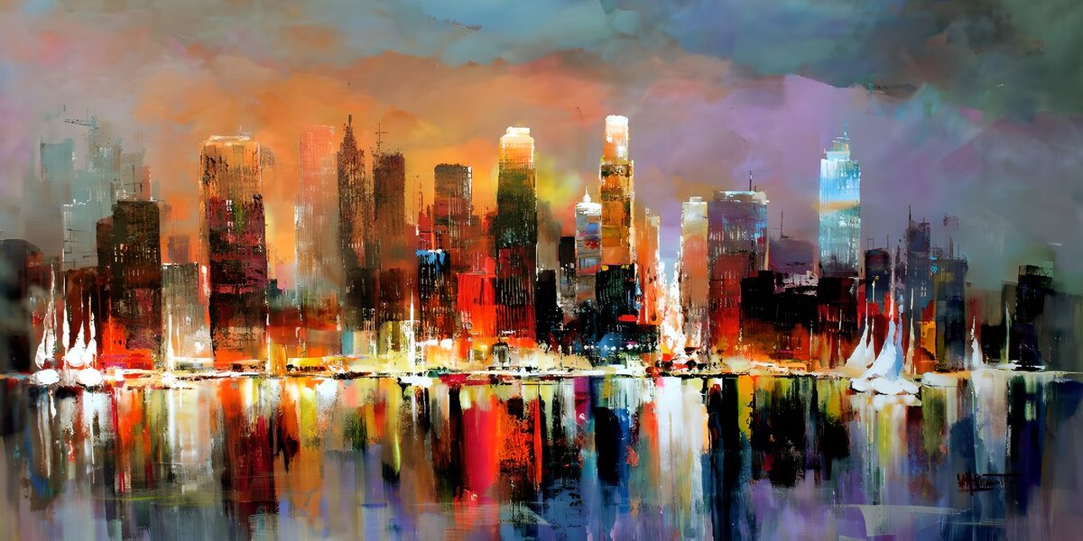 Colourful skyline reflected at sunset