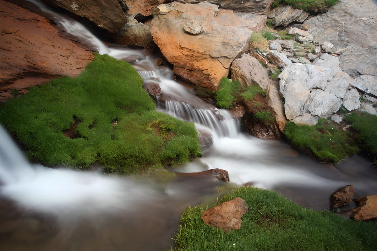Silky cascades between grassy banks