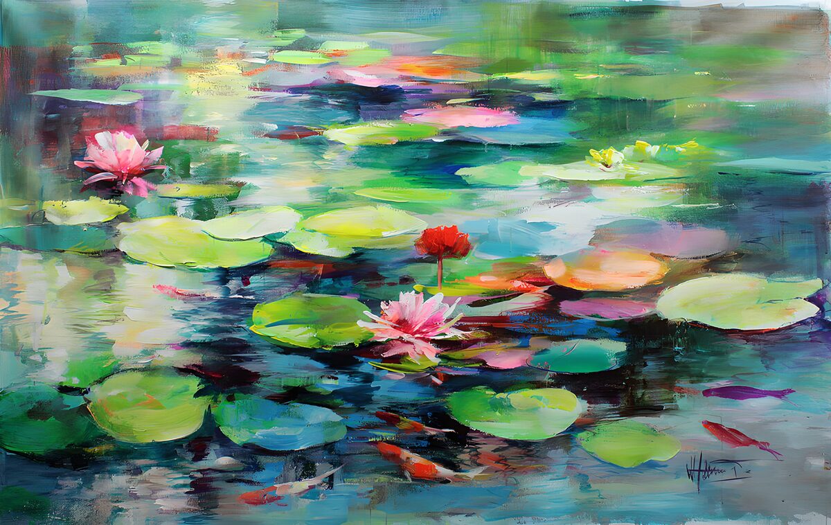 Pink water lilies on a colourful pond