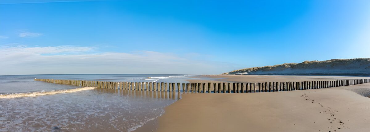 Wooden groynes on a quiet sandy beach