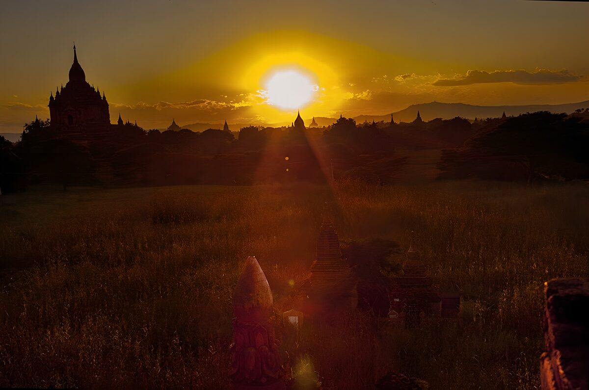 Temple silhouettes in the golden sunset