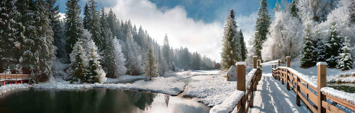 Snow-covered bridge beside still water
