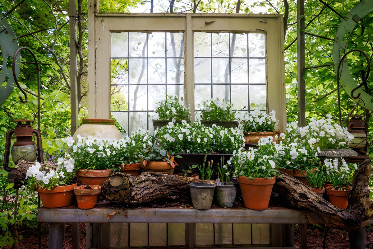 White pansies in rustic terracotta pots