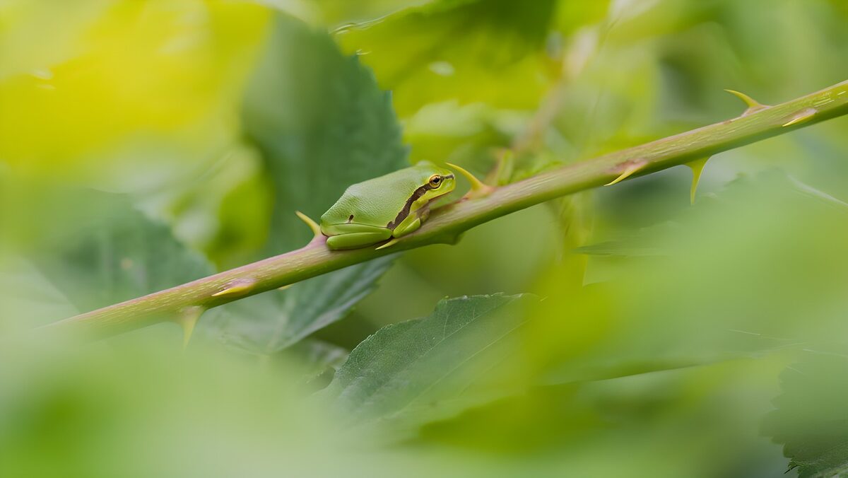 Green frog resting on a thorny stem