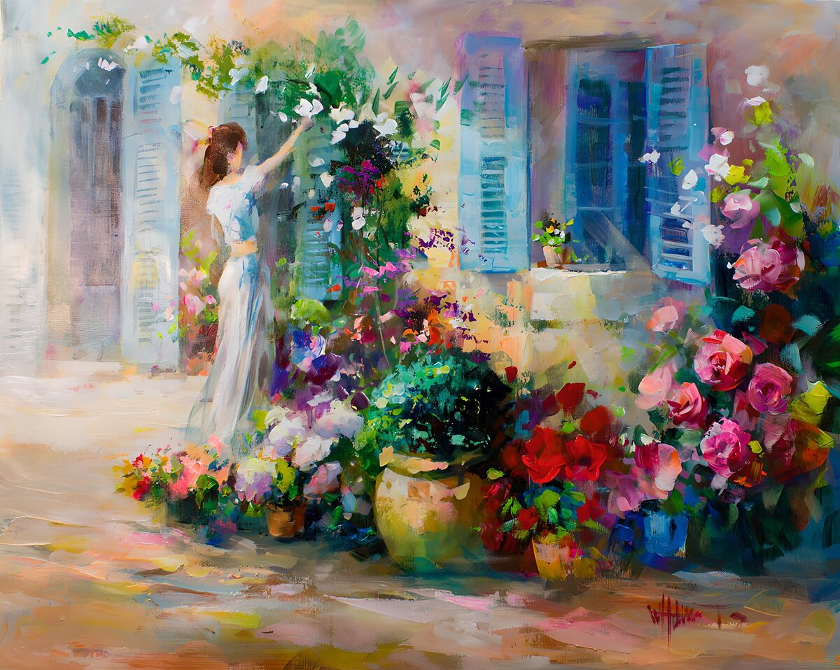 A woman tending a riot of potted flowers