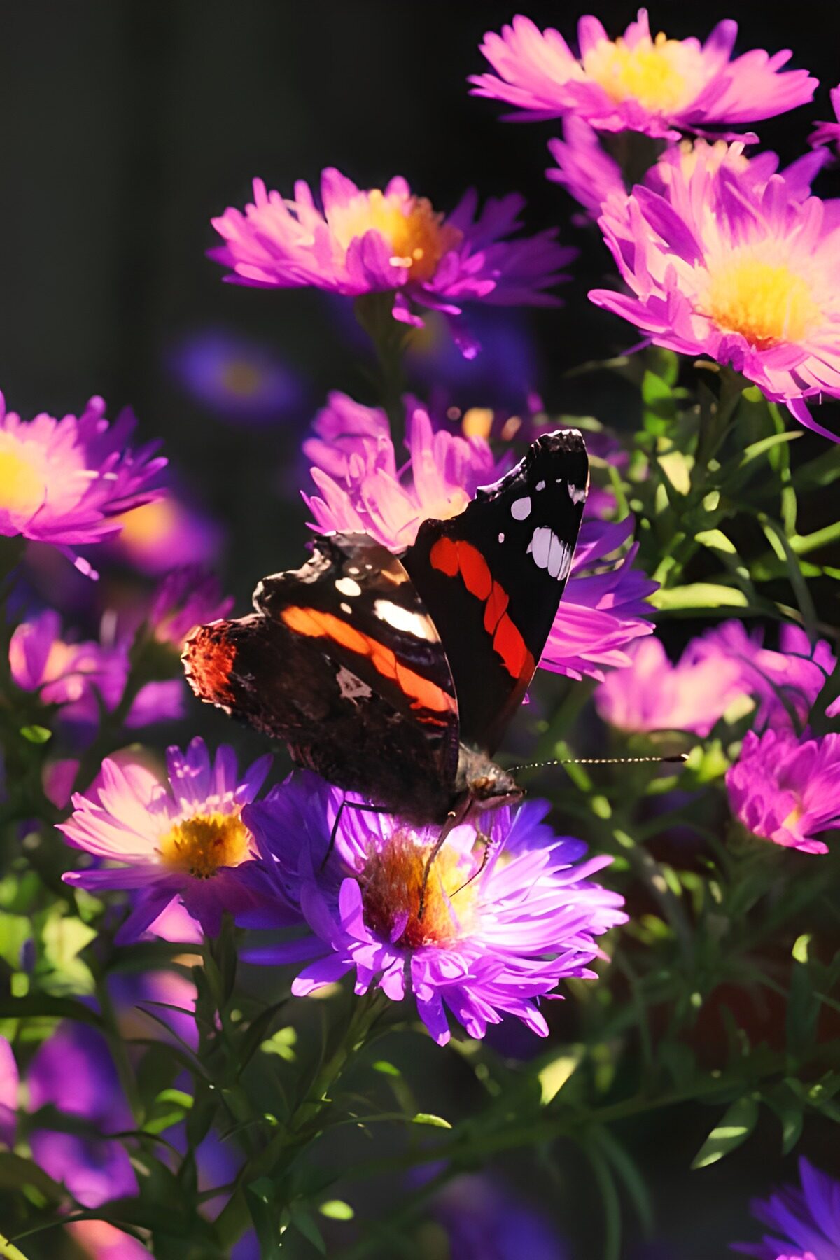 Red admiral on sunlit purple asters