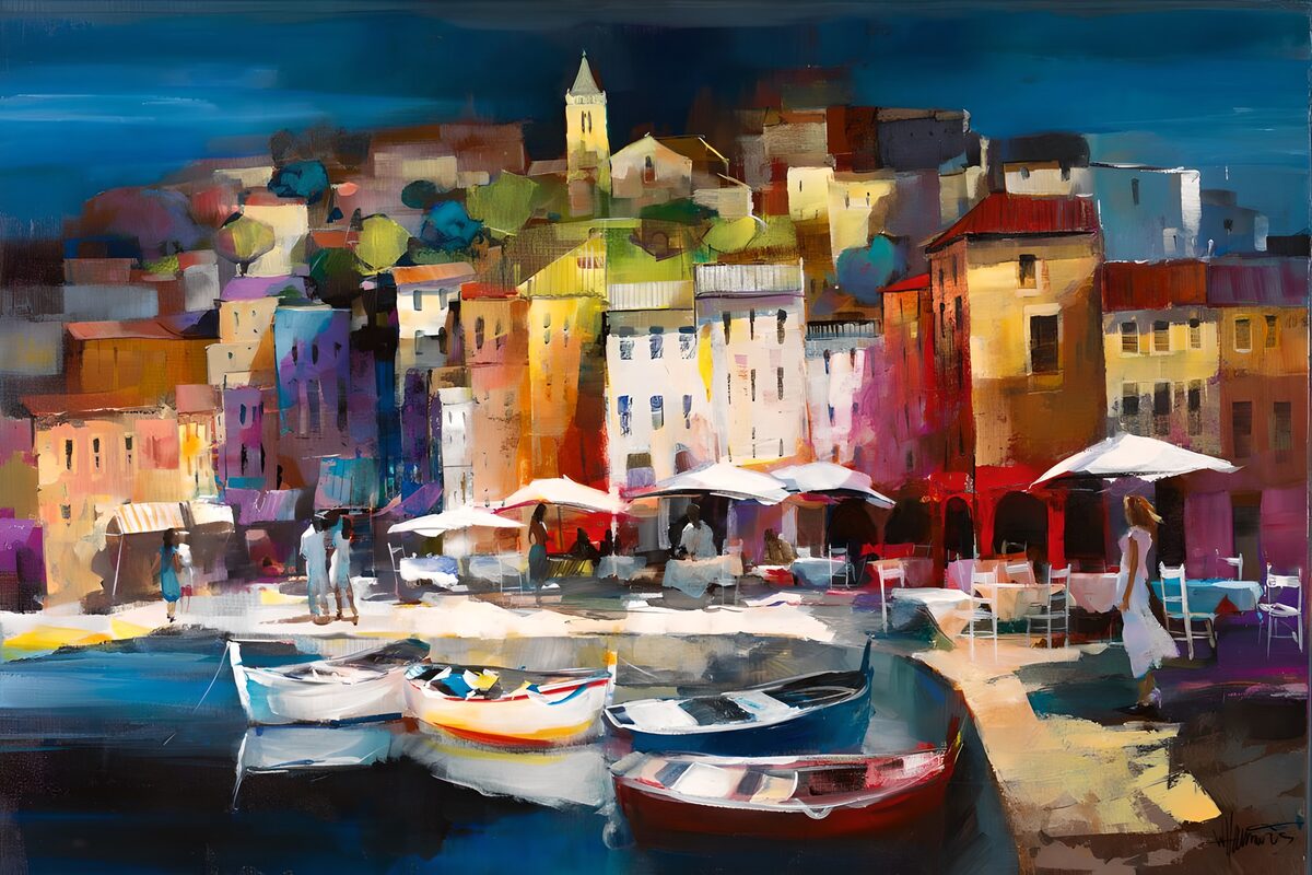 Boats below a sunlit harbour town
