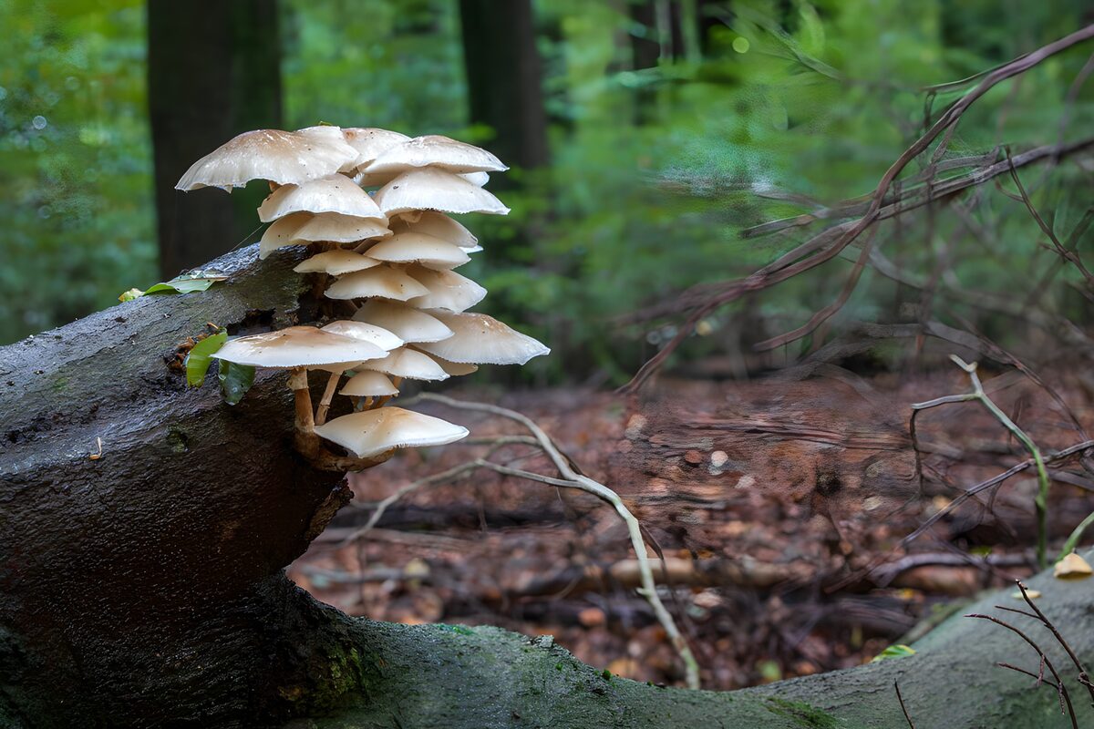 Cream mushrooms on a shady fallen trunk