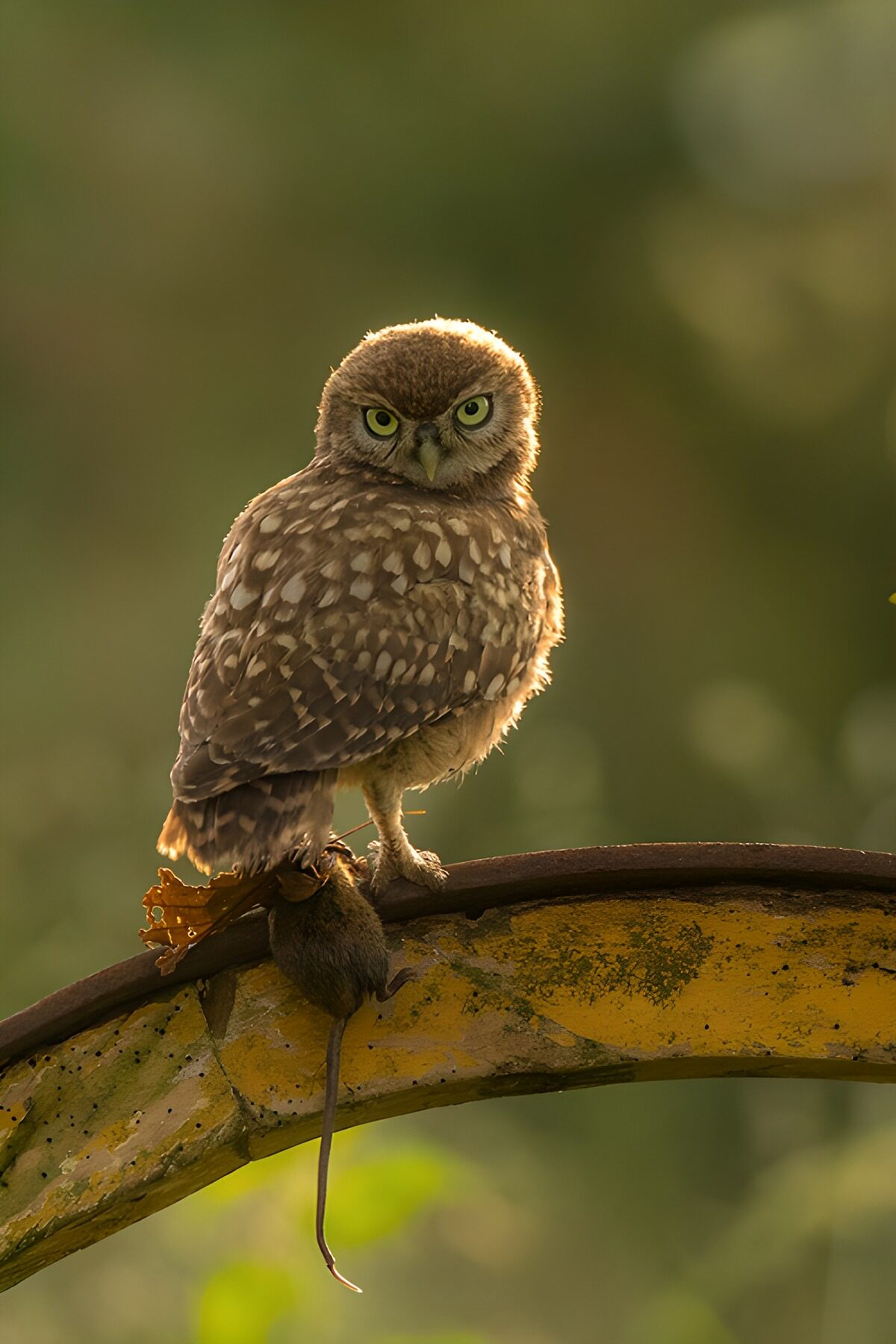 Little owl with a mouse on a rusty rim