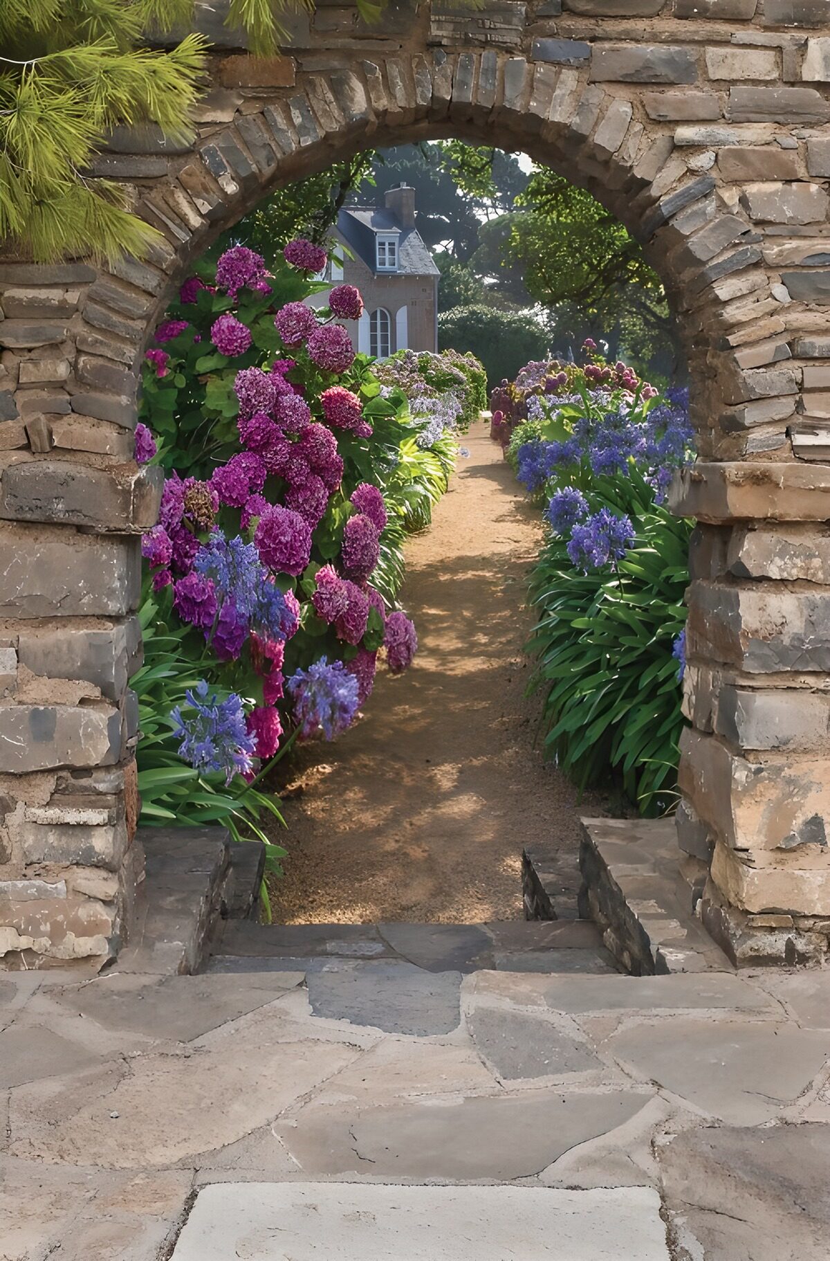 Stone arch into a sunlit hydrangea garden