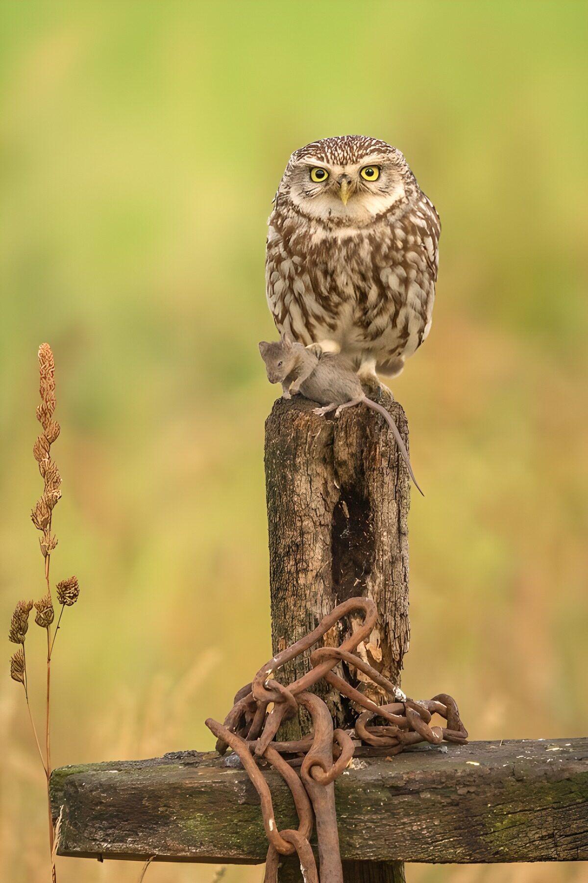 Watchful little owl with a mouse