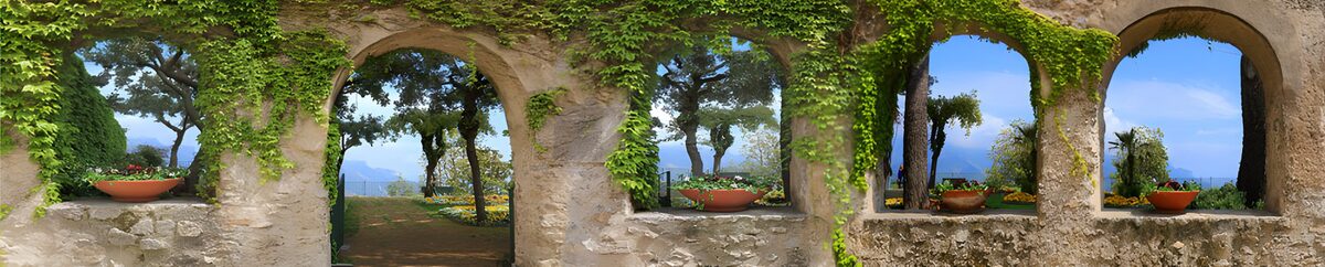 Ivy-clad stone arches with a sea view