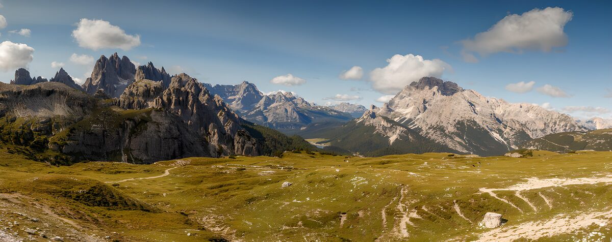 Sunlit peaks above an alpine meadow